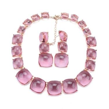 Imagem de Conjunto Colar Brinco Choker Gargantilha Geométrico Grande Quadrado Resina Rosa - Festa Formatura Debutante - Presente Namorada Mãe - Moderno Luxo