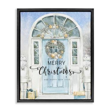 Imagem de Stupell Industries Merry Christmas Design de arte de parede em tela flutuante preta com porta azul por Jesse Keith, 53 x 43 cm