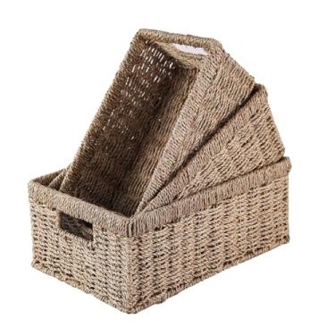 Imagem de Cestas de armazenamento de vime natural, tecidas à mão com alças embutidas, perfeitas para organizar armazenamento e presentes, pacote com 3 cestas de encaixe para organização e decoração de casa