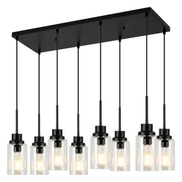 Imagem de LIGOTFIRE 8 luzes Black Island luminárias penduradas para cozinha ilha sala de jantar luminárias pendentes com sombra de vidro transparente
