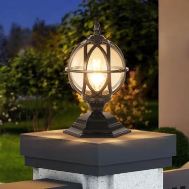 Imagem de Tampas de poste para ambientes externos, luzes de coluna de montagem de postes exteriores, IP55, lâmpadas de pilar à prova d'água, tampas de cerca, lanternas com globo vidro âmbar, iluminação