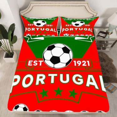 Imagem de Feelyou Jogo de lençol solteiro com tema de futebol americano, vermelho, verde, 2 peças, 1 lençol com elástico + 1 fronha (sem lençol de cima)