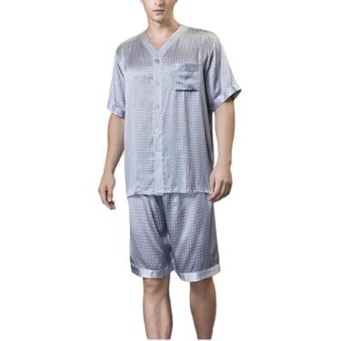 Imagem de Conjunto De Pijama De Seda De Manga Curta Para Homens Com Shorts, Pijamas De Duas Peças, Grey, L