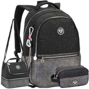 Imagem de Kit Mochila Costas Feminina Color Up Lancheira Estojo Preto