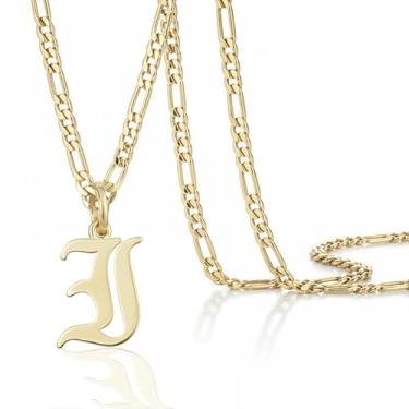 Imagem de Colar masculino com pingente de inicial banhado a ouro 14k Beleco – Colar com letra A-Z com corrente fígaro, joia com pingente de alfabeto de ouro personalizado em inglês antigo, Medium, Banhado a