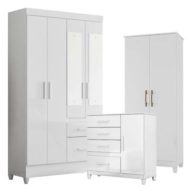 Imagem de Guarda Roupa Com Espelho Infantil Sobral Com Cômoda Vênus Com Pés E Multiuso Jade Branco Brilho – Moval