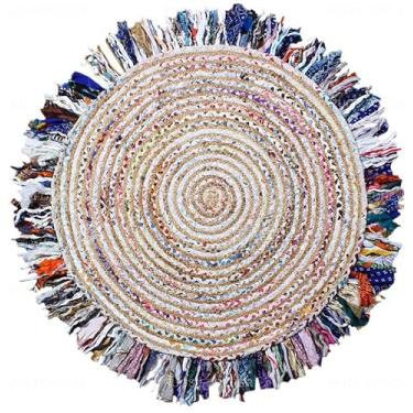 Imagem de SHIVERO HOMES Tapete de área boho trançado de algodão de juta, 5 cm redondo - natural, feito à mão, tapetes reversíveis para casa de fazenda, para sala de estar, cozinha, quarto, corredor, entrada