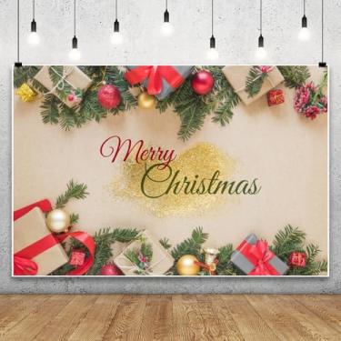 Imagem de Feliz Natal pano de fundo para fotografia 2,1 x 1,5 m ramos de pinheiro verde bolas douradas presentes pano de fundo para fotos em família, Natal, festa, banner, decoração de estúdio, adereços de