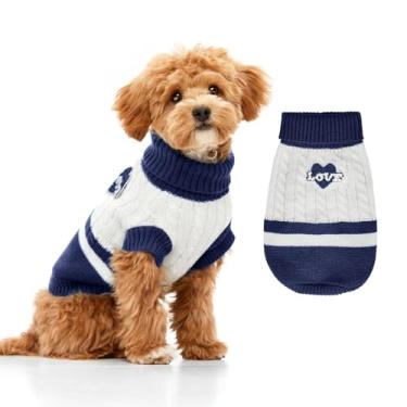 Imagem de Suéter de malha para cães pequenos a grandes, meninos e meninas, suéteres clássicos de Natal para cães de gola rolê, roupas quentes e macias para animais de estimação para o inverno (Love Blue, M)