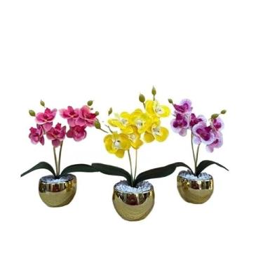Imagem de Decoração Sala, kit três vasinhos mini arranjo de orquídeas permanentes efeito real decoração(TRIO MODELO 27)