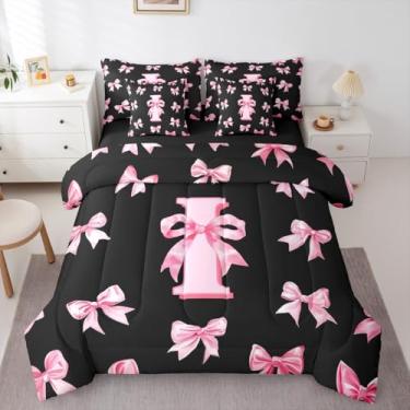 Imagem de Erosebridal Conjunto de edredom com laço rosa com letra inicial I para meninas, solteiro, 7 peças, alfabeto personalizado, para crianças, adolescentes e adultos, conjunto de cama com nó de borboleta