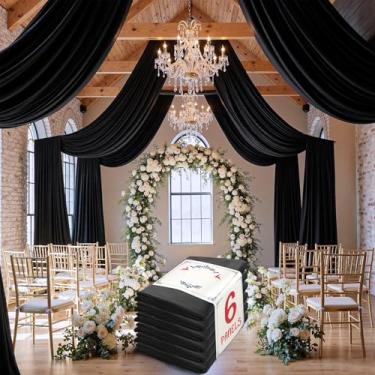 Imagem de Cortina de teto preta de 7,6 m × 20 m para casamentos, festas, tecido drapeado de poliéster sem rugas, cortina preta para festa, barraca, hotel, banquete, salão, decoração de teto, 6 painéis, 5 × 20