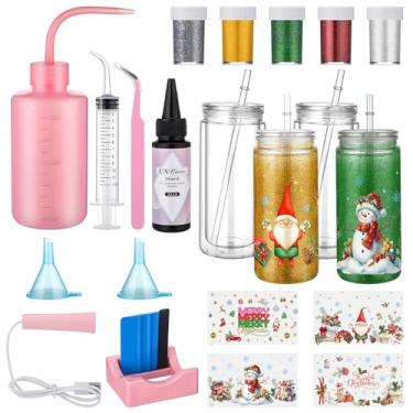 Imagem de Meanplan Pacote com 4 kits de suprimentos de globo de neve DIY de Natal, envoltórios de copo UV DTF de 473 ml, lata de parede dupla, 5 cores, raspador, raspador, resina UV, funil de lanterna para