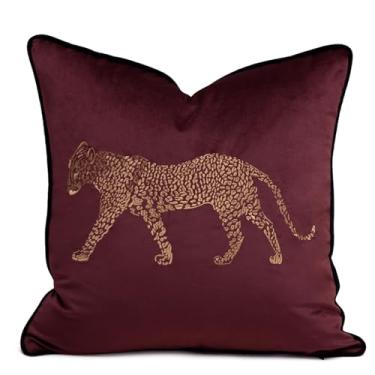 Imagem de vctops Capas de almofada decorativas quadradas bordadas de veludo macio com estampa de leopardo para sofá quarto e sofá (vinho, 45,72 cm x 45,72 cm)
