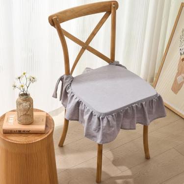 Imagem de vctops Almofada de cadeira de algodão com babados para cozinha, sala de jantar, casa de fazenda, neutro, almofada de assento fina, espuma macia, antiderrapante, com capa removível (cinza claro, 40,6