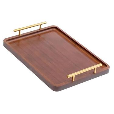 Imagem de Bandeja Retangular de Madeira com Alça de Metal Dourado 30cm - WARI