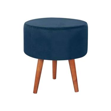 Imagem de Puff Redondo Vit Decor Bege Decorativo Moderno com Pés de Madeira Estilo Escandinavo para Sala de Estar, Quarto e Recepção - 45cm Altura x 40cm Diâmetro (Azul Marinho)