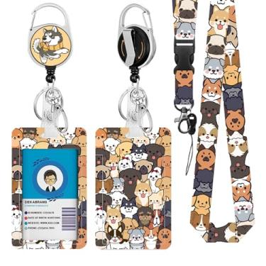 Imagem de Cordões de cachorro para crachá de identificação, suporte de cartão de identificação com clipe retrátil e chaveiro, capa protetora de crachá de identidade vertical com etiqueta de nome para estudantes
