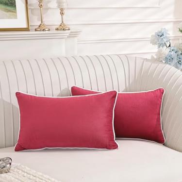 Imagem de TAOSON Conjunto de 2, capas de almofada de veludo vermelho vinho decorativas com borda de corda branca para decoração de casa moderna, capas de almofada para sala de estar, sofá, cama, quarto, 30 x 50