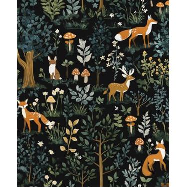 Imagem de VOLEAAR Papel de parede removível extralongo floresta escura, 43 cm x 93 cm, lindo papel de parede floral de raposa para berçário, quarto, escada, porta, armário, vinil, cogumelo, árvore, papel de