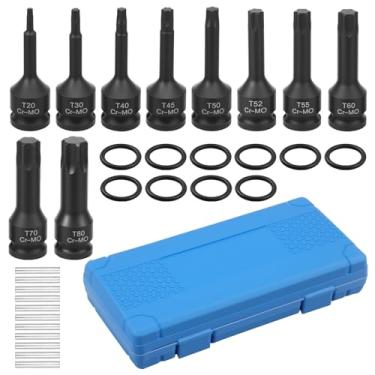 Imagem de Conjunto de soquete Torx de impacto de 1/5.1 cm, conjunto de soquetes de estrela de impacto de 78 mm de comprimento com estojo de armazenamento, T20 T30 T40 T45 T50 T52 T55 T60 T70 T80, aço Cr-Mo, uso