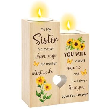 Imagem de Presentes para irmãs - Castiçais em forma de coração, presentes para irmãs, aniversário, dia das mães, Natal, casamento, dia dos namorados, presente de formatura para irmãs amigas, castiçal de madeira