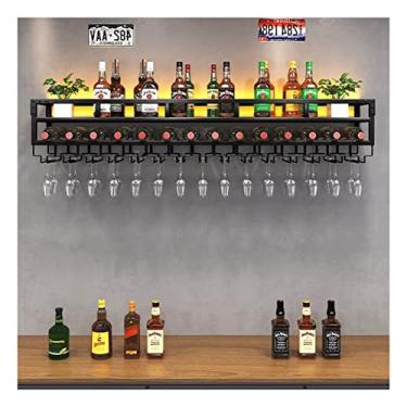 Imagem de Prateleiras flutuantes de unidade de bar, rack de vinho de 2 camadas de estilo industrial montado na parede rack de vidro de vinho invertido com luz LED para decoração de sala de jantar de bar de casa