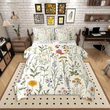 Imagem de Erosebridal Conjunto de cama casal de flores silvestres, cama floral botânica em um saco, conjuntos de edredom com folhas de flores em aquarela com lençóis, folhas verdes sálvia decorativas, conjunto