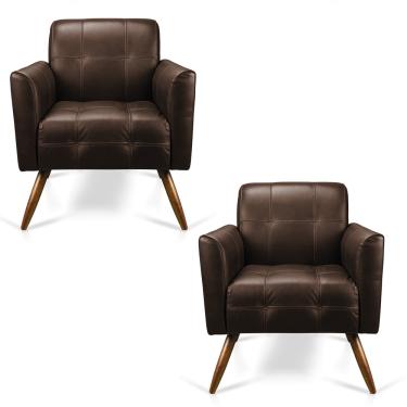 Imagem de Kit 02 Poltronas Bia Couro Marrom A102 Pés de Madeira - D'Rossi