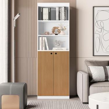 Imagem de Armário Organizador com 5 Prateleiras e 2 Portas Luxo | Estante Multiuso para Quarto, Escritório e Sala (Branco/Ripado)