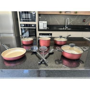 Imagem de Conjunto de Panelas 5 Peças Antiaderente – Alumínio com Tampa de Vidro, Fervedor e Utensílios de Nylon (Cereja e Bege)