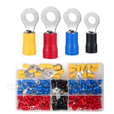 Imagem de Terminais tipo O, conectores redondos pré-isolados, narizes de fio de cobre puro retardador de chamas, terminais de crimpagem de prensa a frio (conjunto de 200 peças)