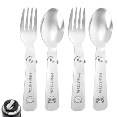 Imagem de Conjunto de 4 colheres e garfos dobráveis, utensílios portáteis de aço inoxidável para potes de comida, acampamento, piquenique, atividades ao ar livre