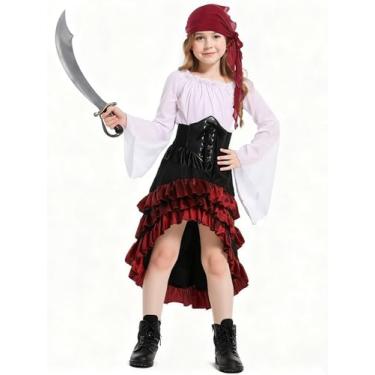 Imagem de Verceco Vestido pirata renascentista medieval, saia com babados marrom e preto com espartilho, blusa camponesa com manga de sino (branco + vermelho, G)