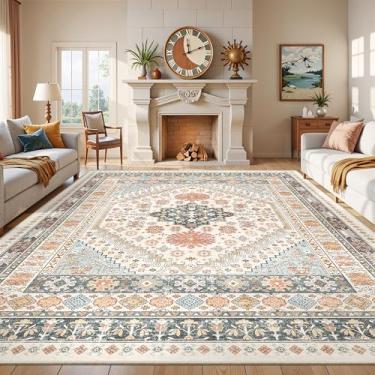 Imagem de Restydon Tapetes laváveis 20 x 25 cm para sala de estar, tapete grande antiderrapante para quarto de bebê, tapetes florais vintage para quarto, tapete fino para decoração de casa de fazenda (azul