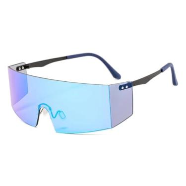 Imagem de HCPIHF Óculos de sol sem aro da moda, feminino, masculino, grande, plano, grande, espelhado, UV400 (C8, preto e azul)