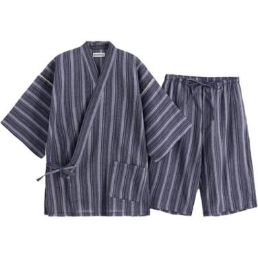 Imagem de Pijama De Quimono Masculino Jaese Terno Camisola De Algodão De Verão Pijama De Manga Curta Conjunto De Pijama Com Bolsos, Teal Gray, 4XL