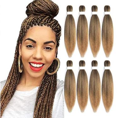 Imagem de Extensão de cabelo trançado pré-esticado de 35,5 cm, 8 pacotes de cabelo trançado pré-esticado Kanekalon tranças de crochê Yaki (35,5 cm, 8 peças, #T27)
