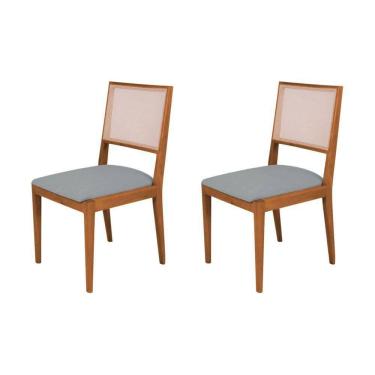 Imagem de Conjunto Com 2 Cadeiras De Jantar Estofada Suellen Em Madeira E Mdf Cerejeira Linho Cinza