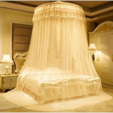Imagem de Mosquiteiro de Teto Gigante com Renda Bordada e Elástico – Estilo Dossel para Cama Casal, Queen e King, Decoração Elegante e Antimosquito(Bege Claro,King)
