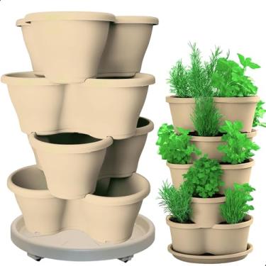 Imagem de Kit 4 Vaso Treviso 11L com Prato com Rodas Cinza Empilhável Jardim Vertical Borda Anti Formiga para Plantas Ornamentais, Hortas, Frutas, Temperos, Suculentas e Flores