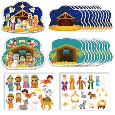 Imagem de YHNTGB 24 conjuntos de adesivos de presépio kit de 2 estilos faça um presépio para crianças, adesivos autoadesivos de artesanato de Natal DIY para lembrancinhas de festa religiosas, atividades