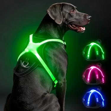 Imagem de Arnês para cães iluminados, colete refletor de LED multicolorido, arnês de segurança para cães que brilha no escuro, recarregável por USB-C com indicador de bateria, peitoral ajustável sem puxar para