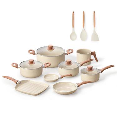 Imagem de jogo com 8 panelas antiaderentes de ceramica e aluminio bege terrara e 3 utensílios de silicone - oi