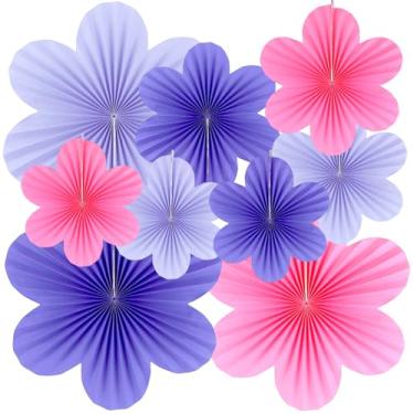 Imagem de 9 peças de decoração de leque de papel pendurado, decorações de flores de papel coloridas para parede, sala de aula, aniversário, casamento, chás de bebê, (roxo, roxo claro, vermelho rosa)