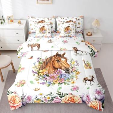 Imagem de Erosebridal Conjunto de edredom solteiro com cavalo ocidental, floral, cowgirl, 7 peças, para crianças, meninos, adolescentes, adultos, caubói, rústico, com flores, animais de fazenda