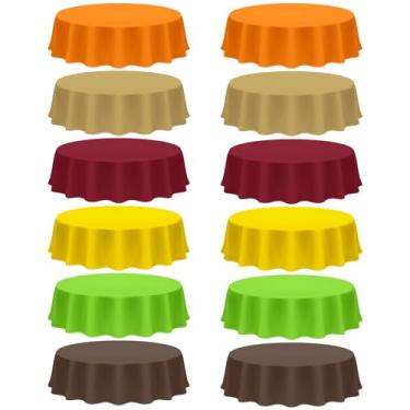Imagem de Patelai Toalha de mesa redonda de plástico de Ação de Graças, outono, 12 peças, toalha de mesa redonda de plástico de 203 cm para decoração de festa de colheita de outono (laranja, amarelo, marrom