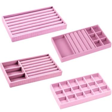 Imagem de Amarme Kit 4 Bandejas Porta Joias Empilháveis em Veludo – Organizador Multiuso para Closet, Gavetas e Armários – Para Brincos, Colares, Pulseiras e Anéis (Rosa)
