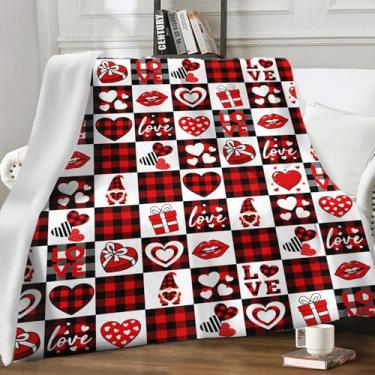 Imagem de Cobertor de Dia dos Namorados 127 cm x 152 cm Presente Coração Vermelho Buffalo Xadrez Cobertor Todas as Estações Macio Quente Aconchegante Leve Vermelho Branco Flanela Xadrez Cobertor para Sofá, Cama
