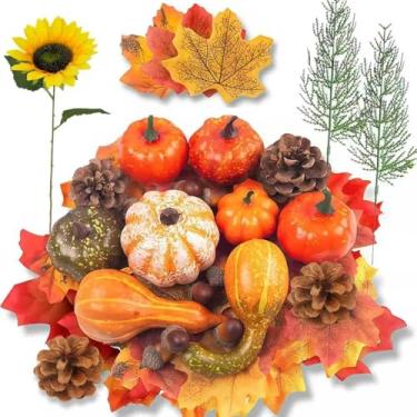 Imagem de Pacote com 75 abóboras artificiais, conjunto de decoração de outono, imitação realista para decoração com girassol, folhas de outono, bolotas, pinhas para mesa de centro de mesa de outono, dia das